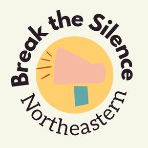 A yellow circle with a red megaphone inside of it. Around the circle it says Break the Silence Northeastern